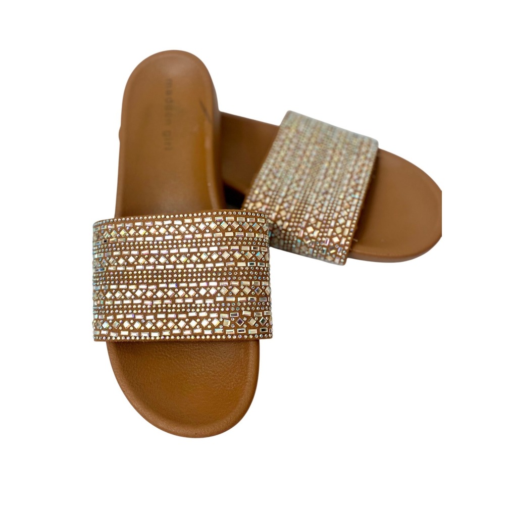 Madden Girl Womens Rhinestone Slide Sandals Cognac Tan Crystal‎ Embellished 7.5